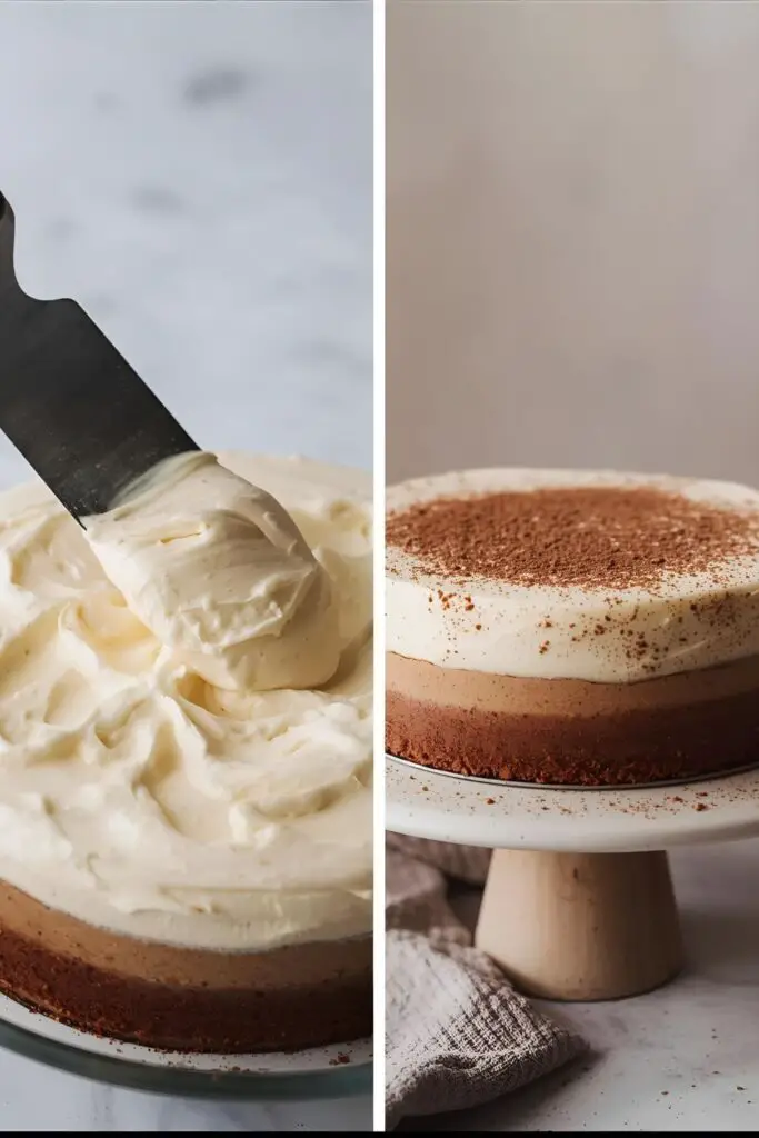 The process of frosting a tiramisu cake and the stunning final dessert, ready for a special occasion.