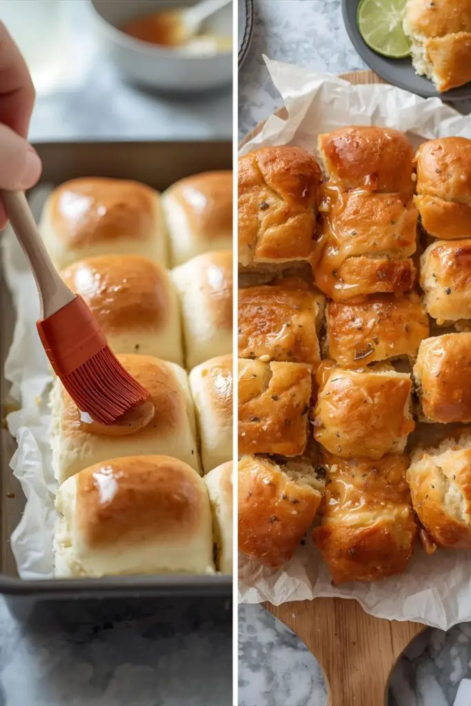 The process of making BBQ chicken sliders, showing the butter glaze being applied and the final dish ready for a party.