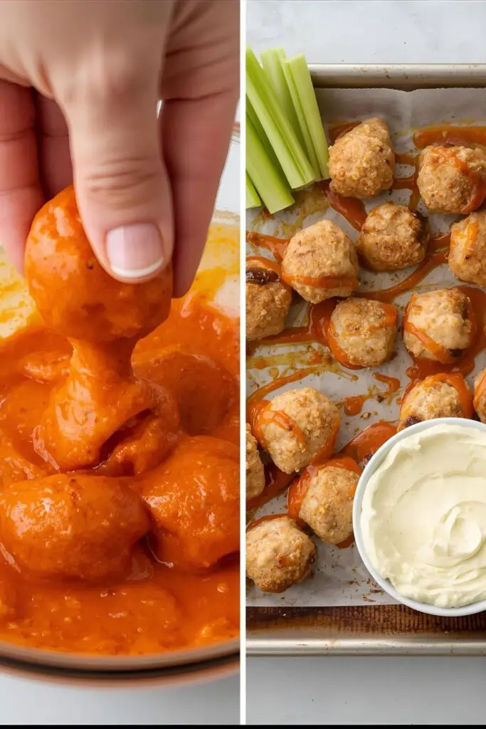 The process of making buffalo chicken meatballs, from tossing in the sauce to the final platter ready to serve.