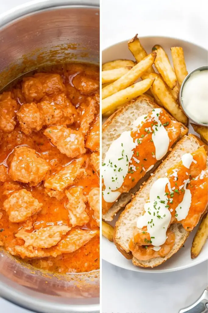 The process of making a buffalo chicken sandwich, from saucing the chicken to the final plated dish.