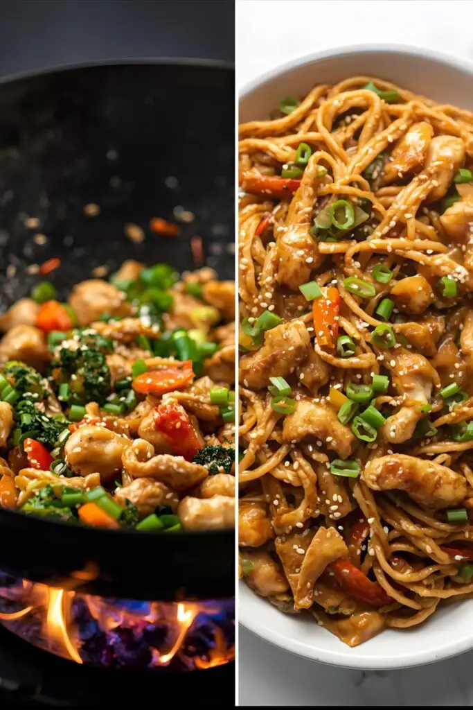 The process of making chicken chow mein in a wok and the final delicious dish ready to serve.