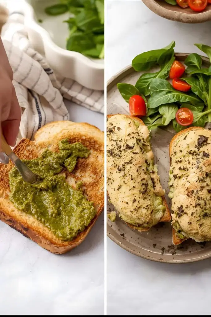 The process of making a chicken pesto sandwich, from spreading the pesto to the final plated dish.