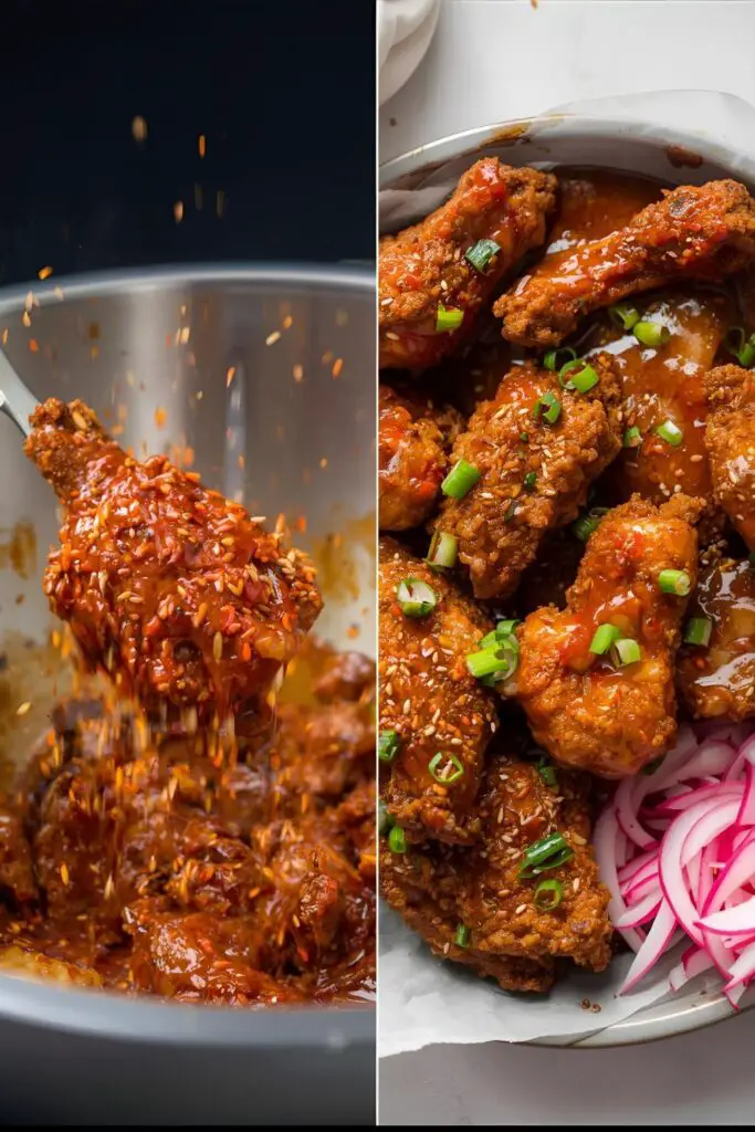 The process of saucing crispy Korean chicken and the final, beautifully presented dish.