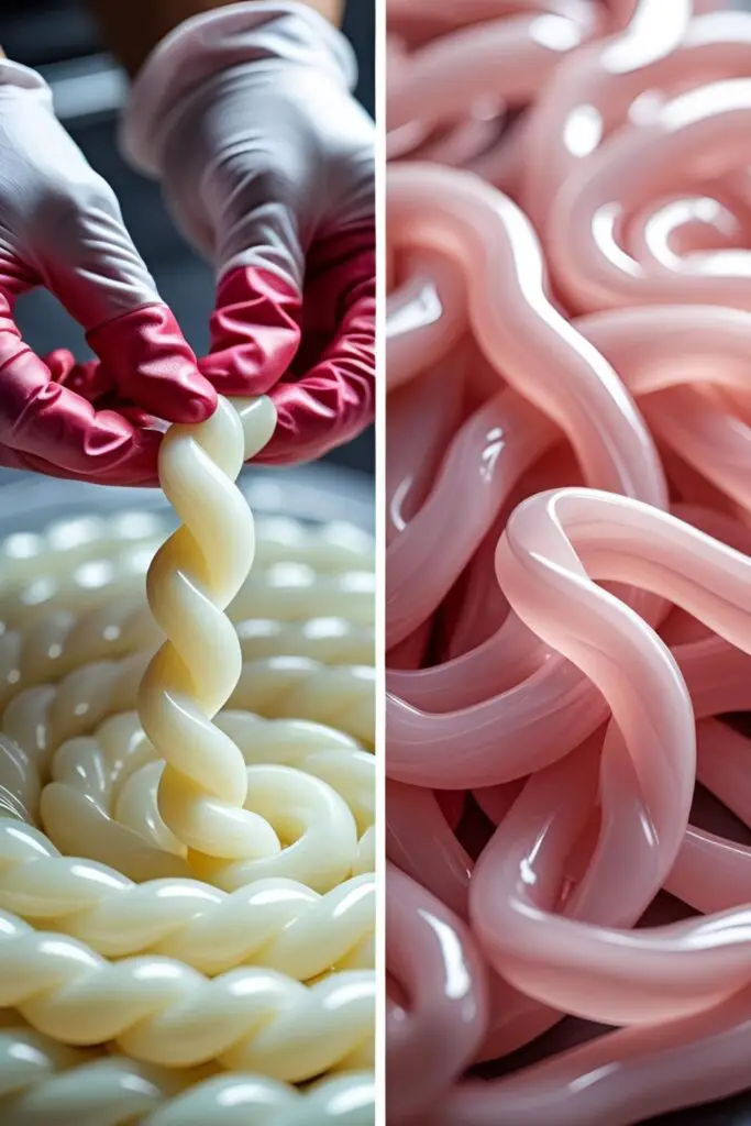 A two-panel image showing the process of pulling hot sugar and a close-up of a finished piece of delicate ribbon candy.