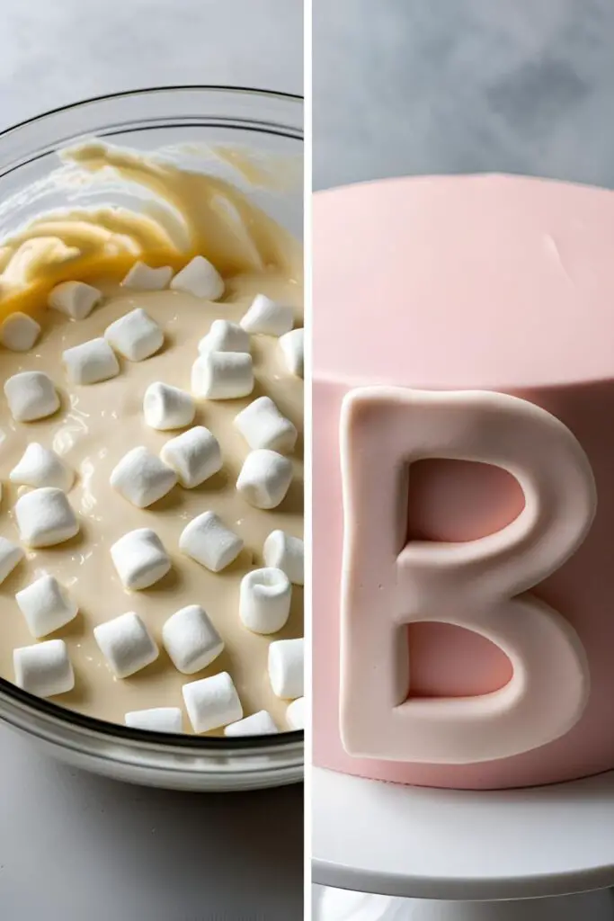 Two images showing the process of making fondant: one of the melted marshmallow mixture, and one of a finished cake covered in smooth fondant.