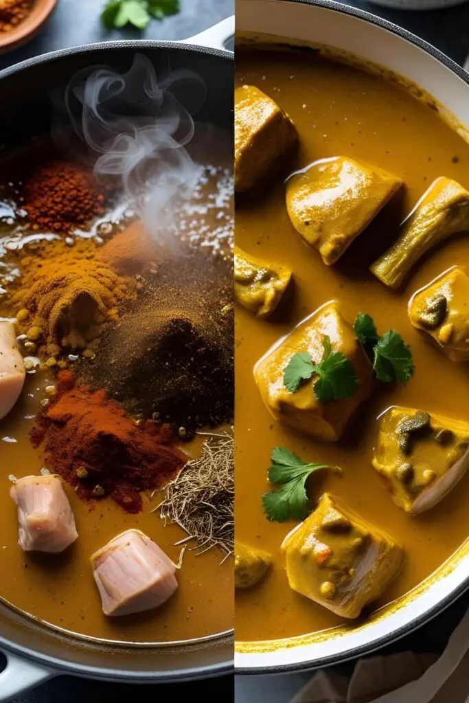 A two-panel image showing spices being bloomed for curry and a close-up of the finished chicken curry in a bowl.