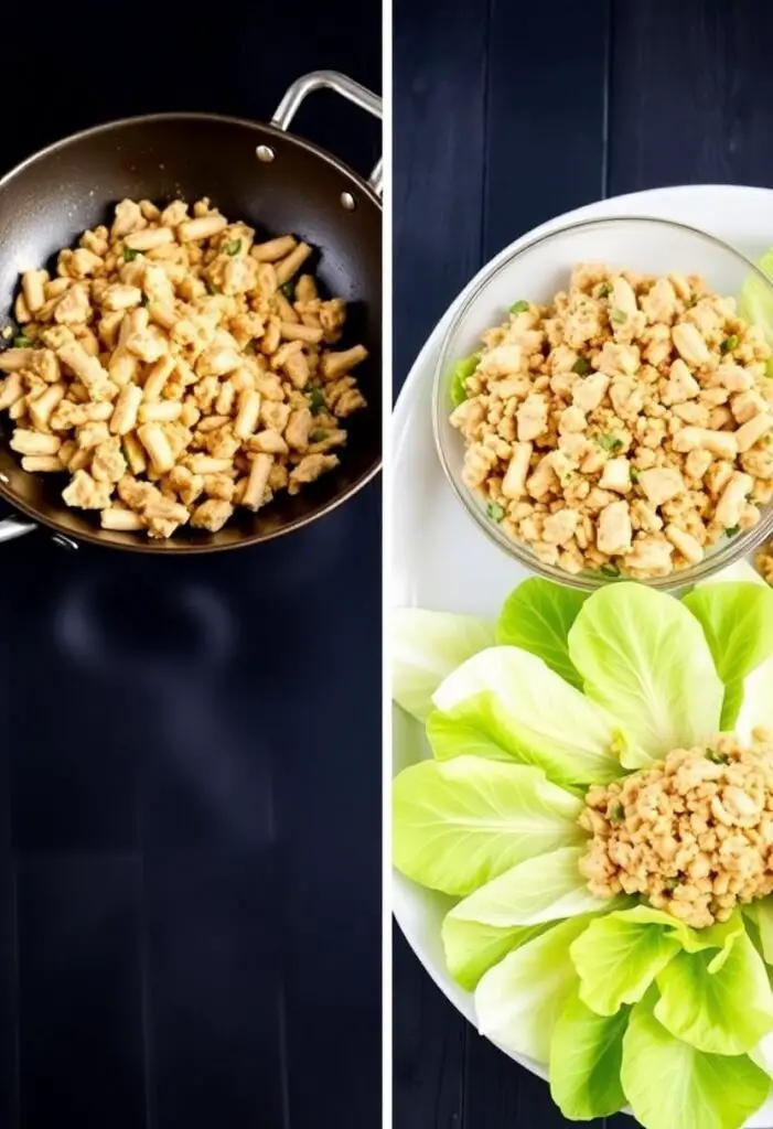 A two-panel image showing the chicken filling cooking in a skillet and the final platter with the filling and lettuce cups ready to serve.