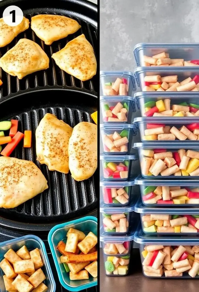 A two-panel image showing chicken and vegetables being grilled and the finished prepped meals in containers.