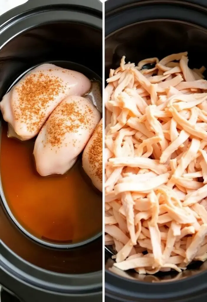A two-panel image showing raw chicken in a crock pot and a close-up of the juicy, finished shredded chicken.