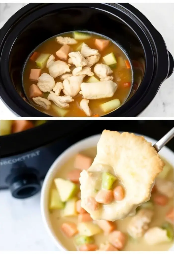A two-panel image showing the crockpot filled with the chicken pot pie ingredients cooking and a close-up of the finished creamy filling with a piece of flaky crust.