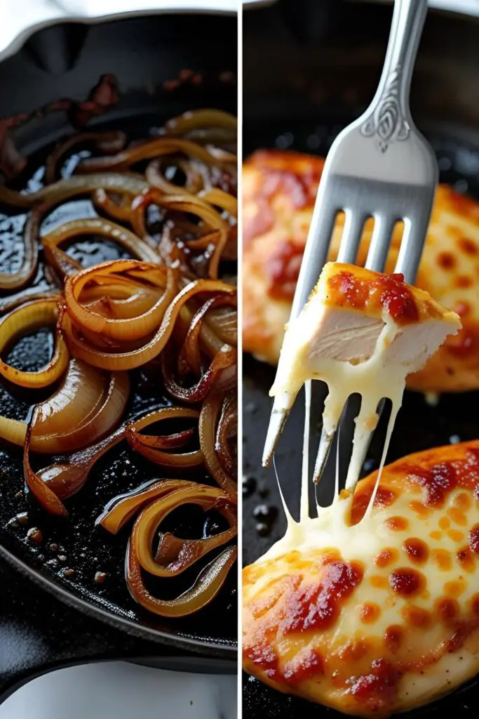 A two-panel image showing the process of caramelizing onions and a close-up of the finished French onion chicken with a dramatic cheese pull.
