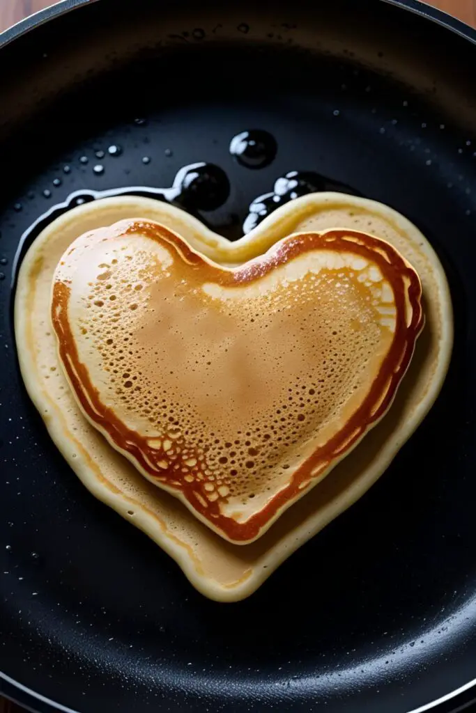 A close-up, top-down shot of a heart-shaped pancake cooking in a black pan, with bubbles forming on top