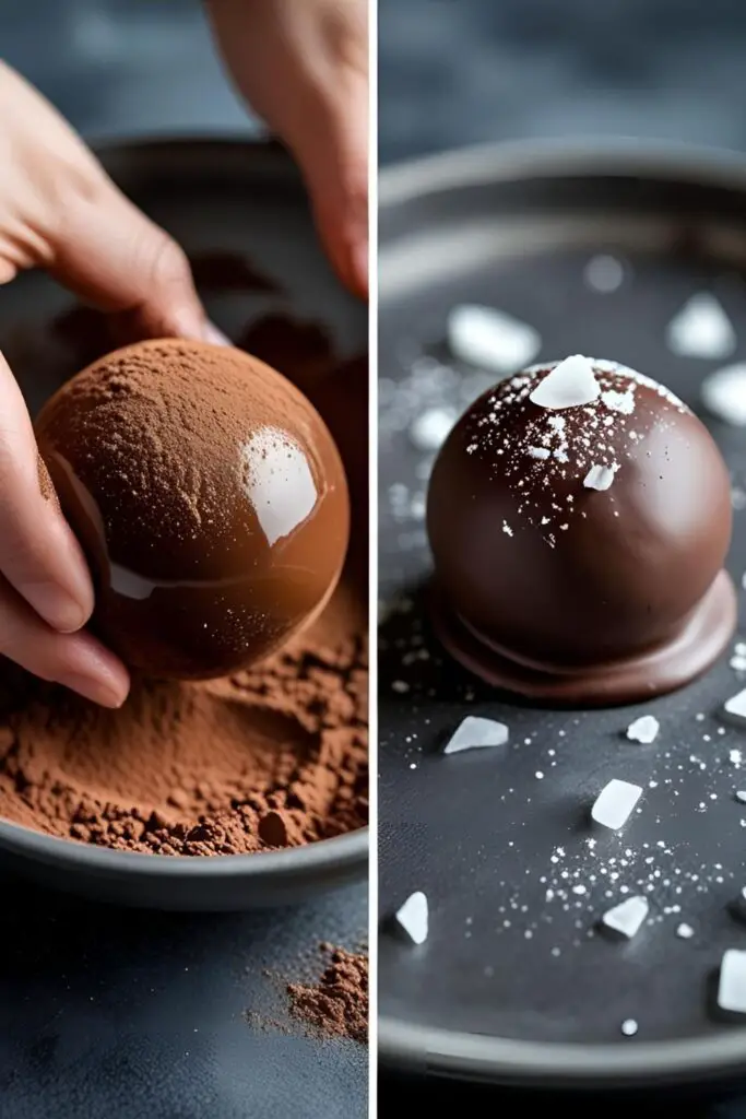 A two-panel image showing the process of rolling a chocolate truffle in cocoa powder and a close-up of a finished, salted chocolate truffle.