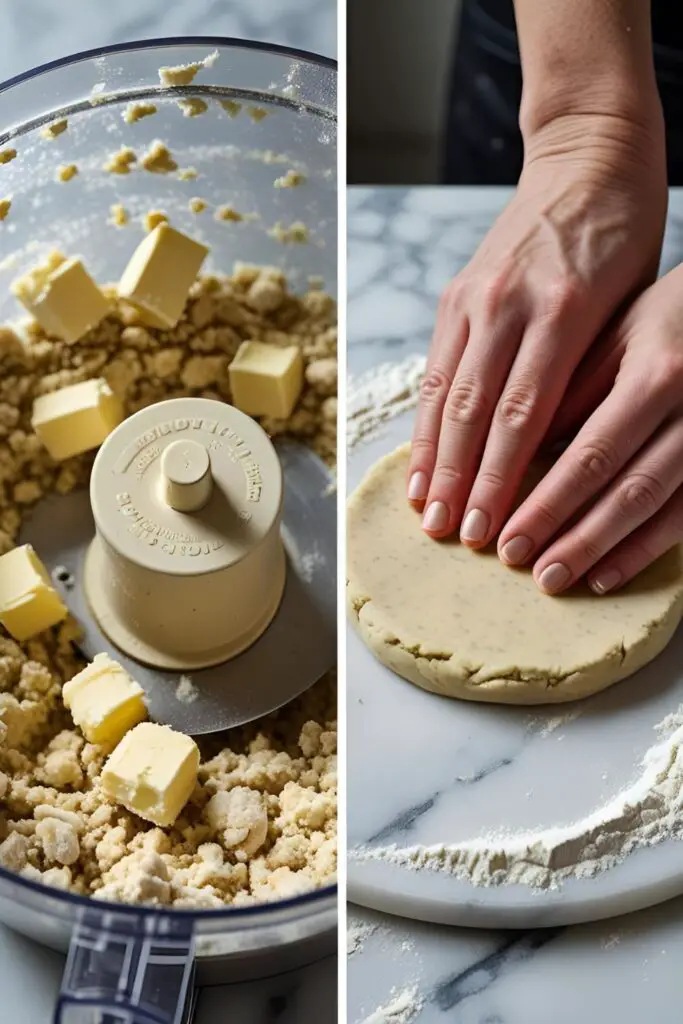 The process of making pie dough, showing the texture after cutting in the butter and forming the dough into a disc.
