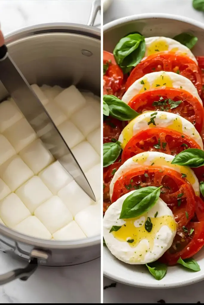 The process of making homemade mozzarella, from cutting the curds to the finished cheese in a fresh Caprese salad.