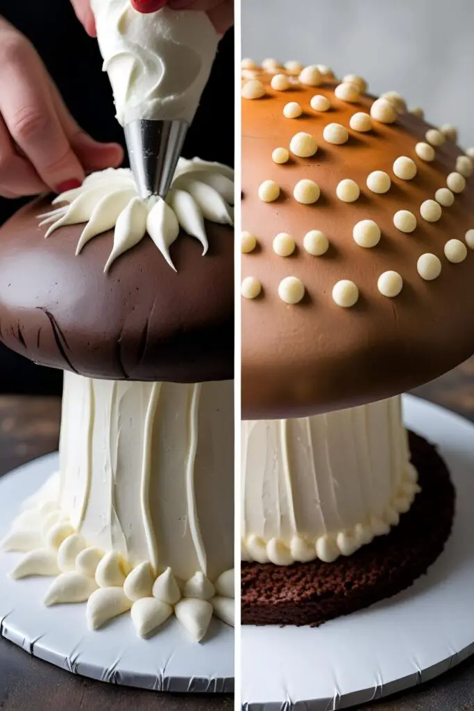 A two-panel image showing the process of piping the mushroom gills and a close-up of the finished decorated mushroom cake.