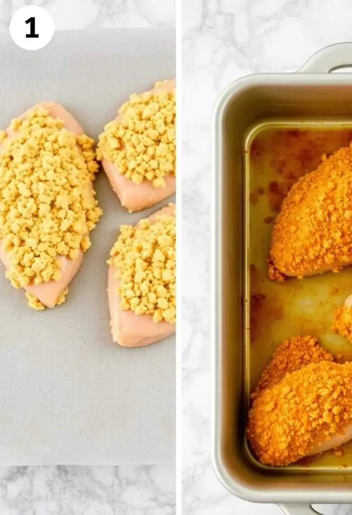 A two-panel image showing the process of coating chicken in Ritz crackers and the final baked Ritz cracker chicken in a dish.
