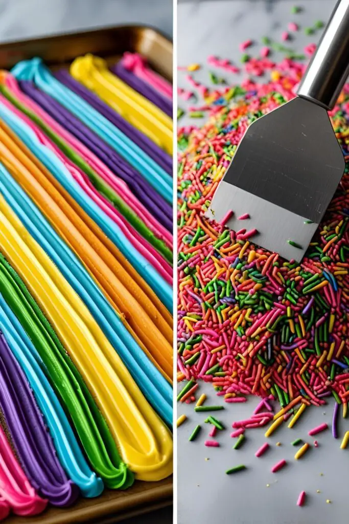 The process of piping and chopping homemade rainbow sprinkles