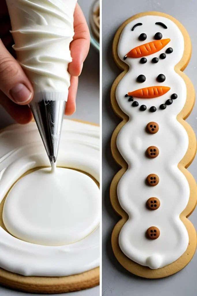 A two-panel image showing the process of flooding a snowman cookie with royal icing and a close-up of the final decorated cookie.