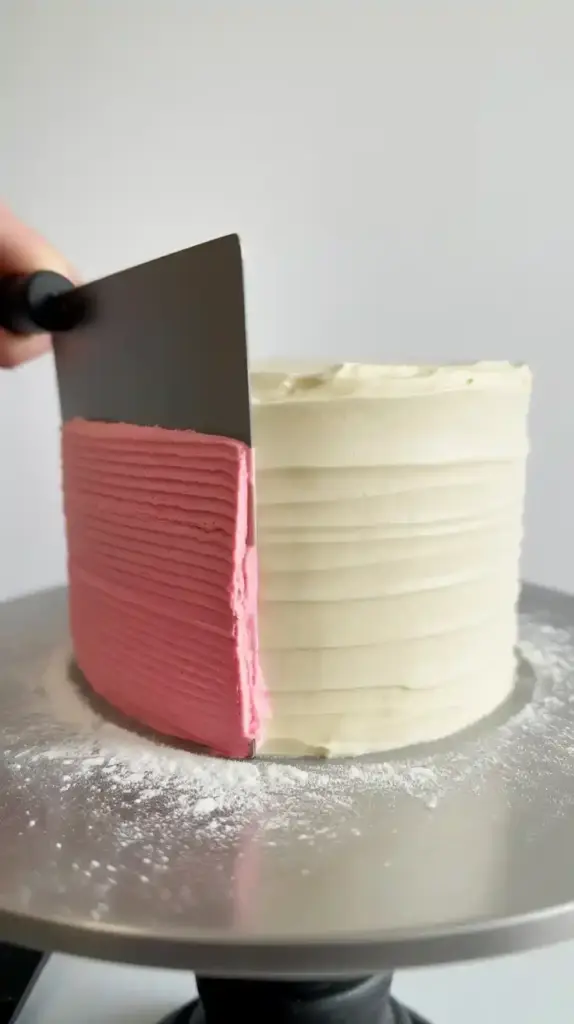 An in-process shot showing a bench scraper revealing pink stripes on a cake, demonstrating the striped frosting technique.