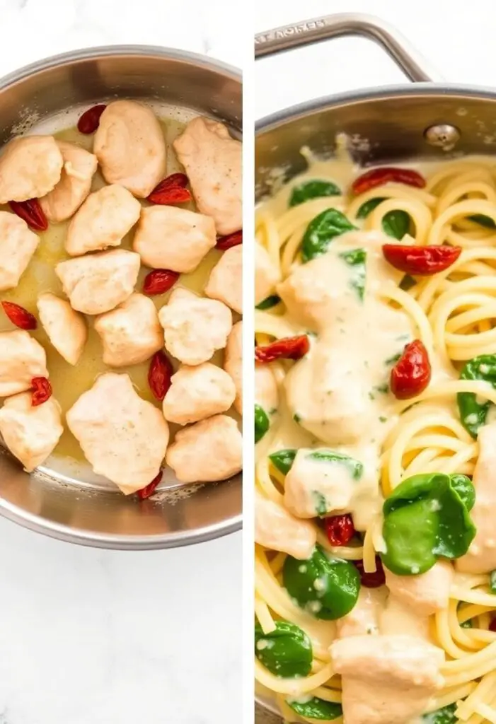 A two-panel image showing the process of cooking chicken for Tuscan pasta and a close-up of the finished creamy pasta dish in the skillet.