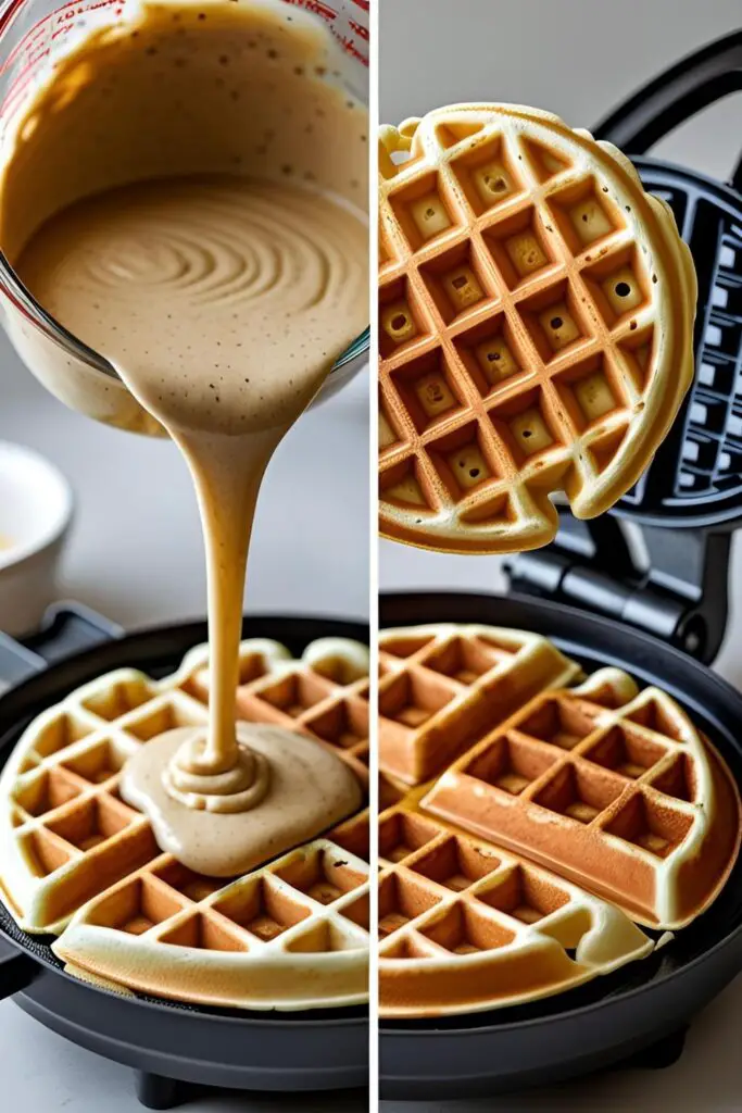 A two-panel image demonstrating the process of making waffles with muffin mix, from pouring the batter to removing the cooked waffle.