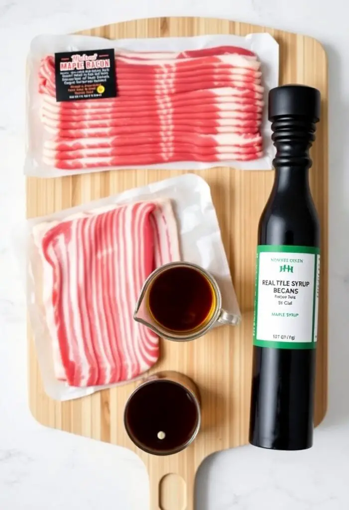 A simple, clean flat lay collage of ingredients for maple bacon: a package of thick-cut bacon, a small pitcher of real maple syrup, and a black pepper mill on a wooden board.