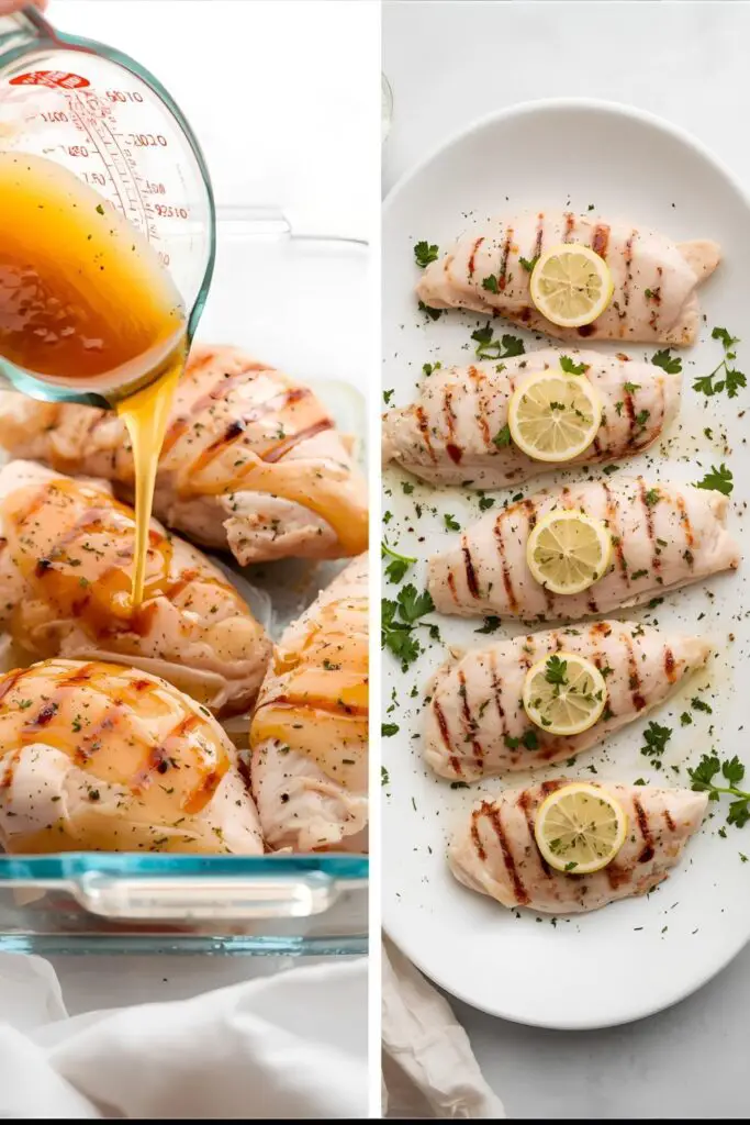 The process of marinating chicken breast and the final juicy, perfectly grilled result.