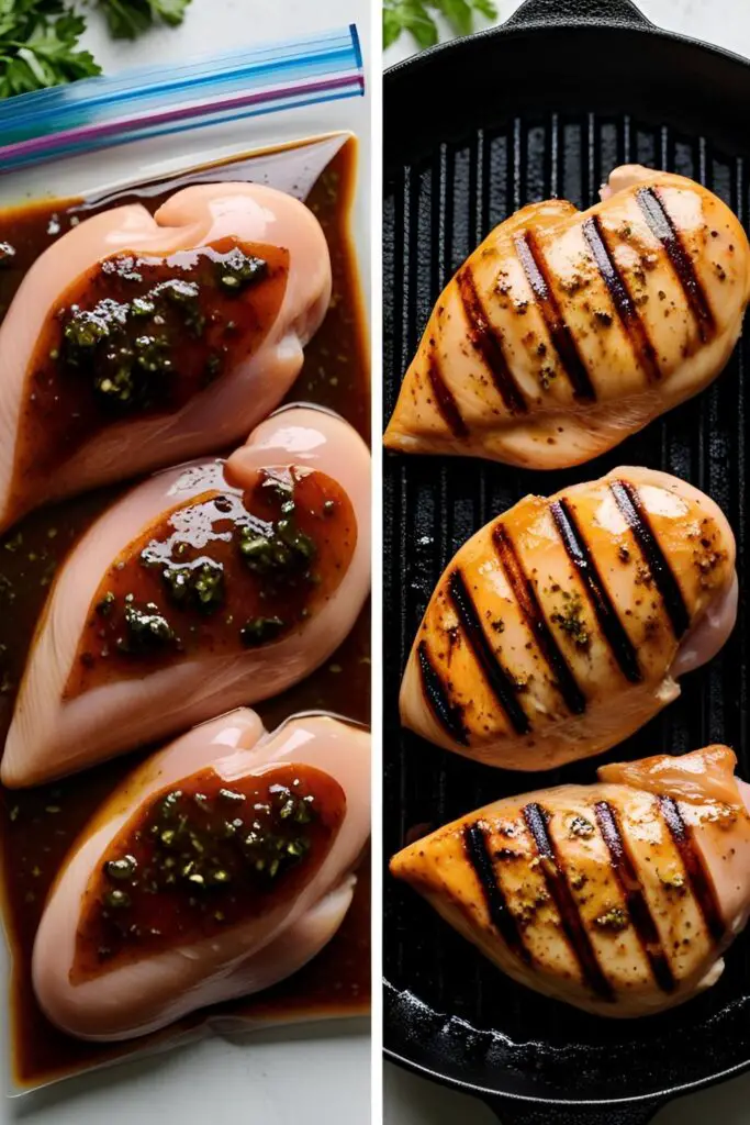 Before and after shot of marinating and grilling chicken