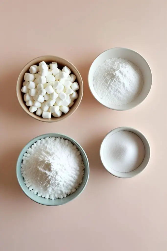 A flat lay of the three main ingredients for marshmallow fondant: mini marshmallows, powdered sugar, and shortening.
