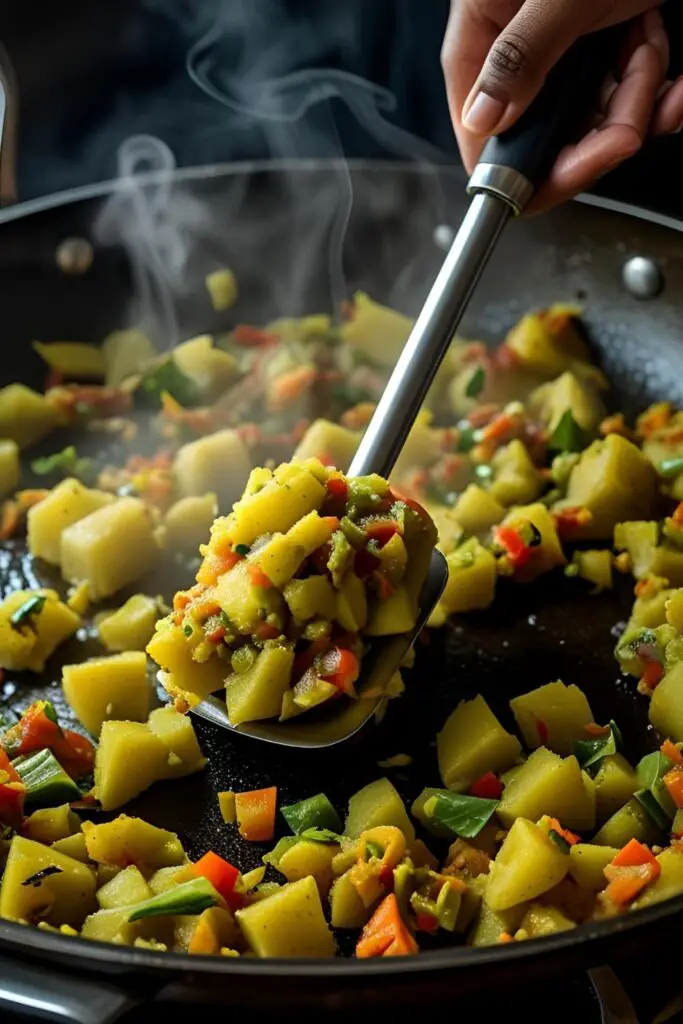 The process of mashing vegetables in a pan to create the rich and flavorful bhaji for a homemade pav bhaji recipe.