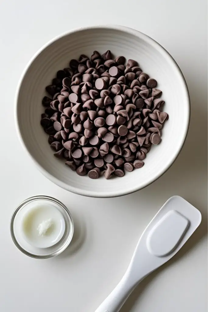 A clean, simple flat-lay of ingredients for melting chocolate, showing a bowl of semi-sweet chocolate chips and a small dish of coconut oil.