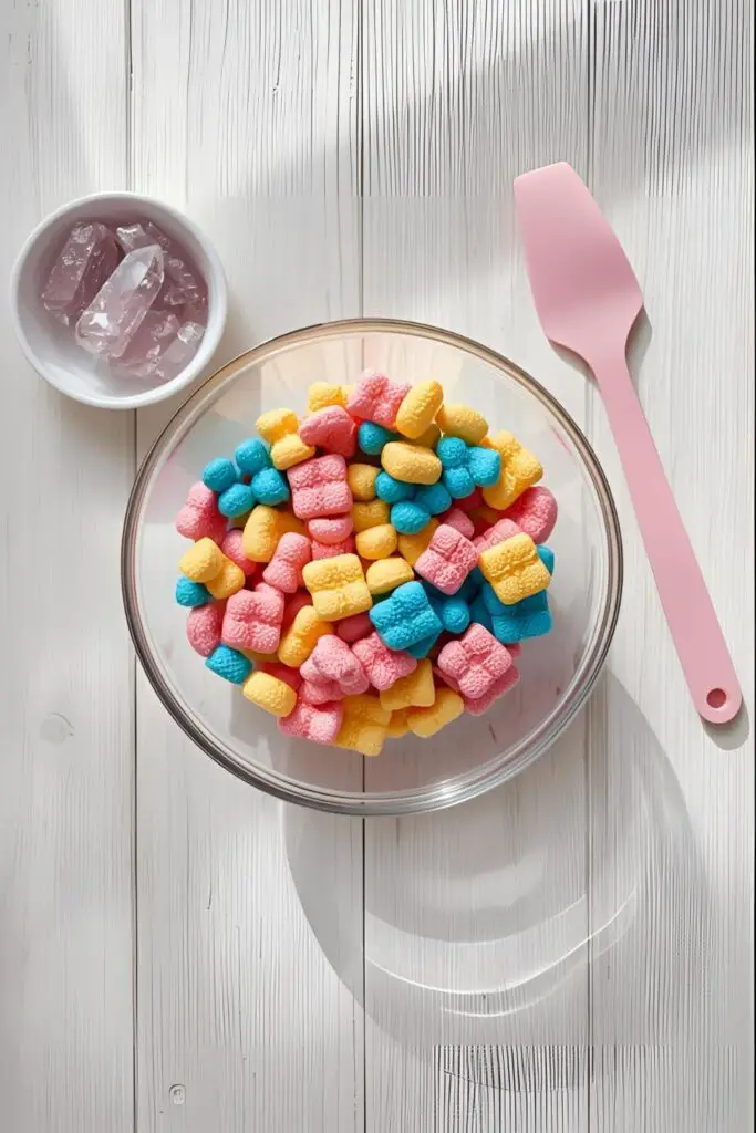 A flat lay of a bowl of colorful Merckens chocolate wafers, a silicone spatula, and a dish of paramount crystals.