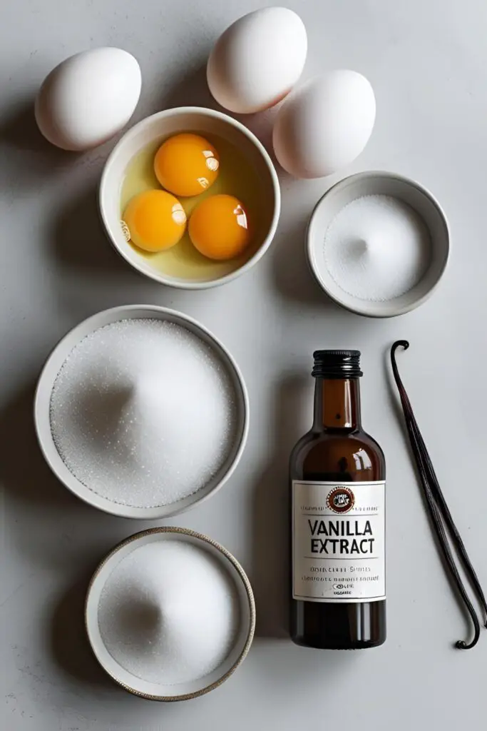 A clean flat lay of the ingredients for meringue: four egg whites in a glass bowl, a bowl of sugar, cream of tartar, cornstarch, and a vanilla bean on a marble background.