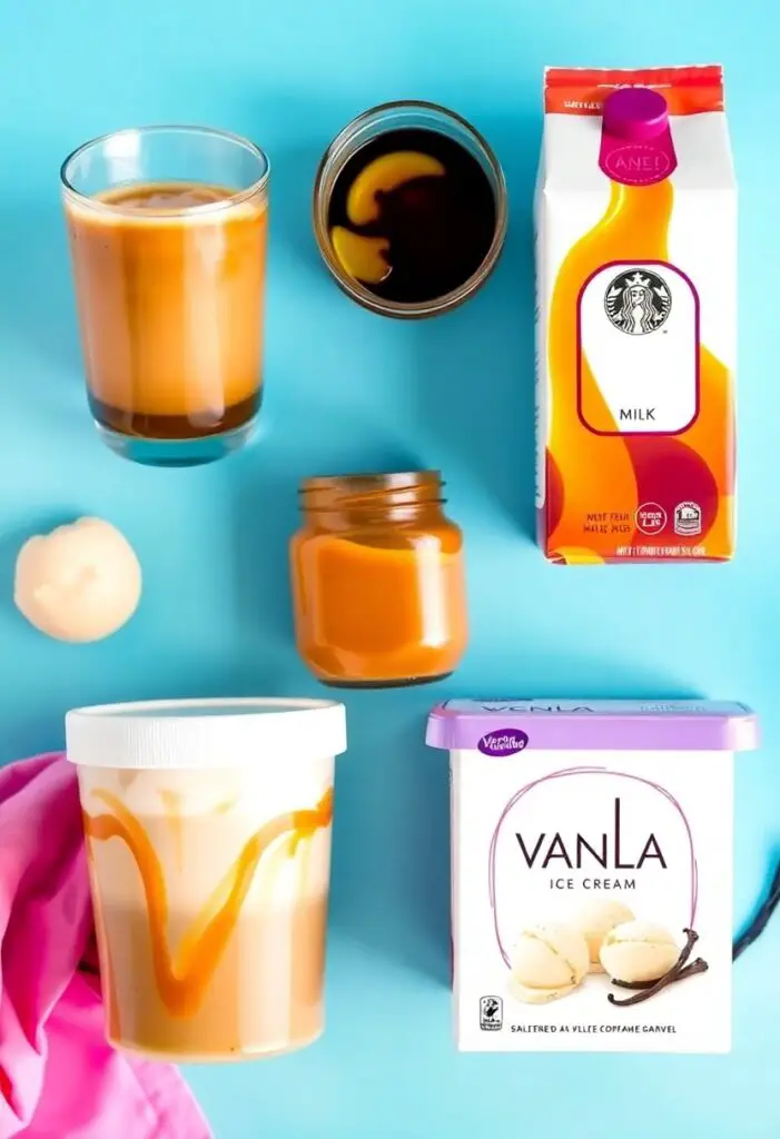 A bright flat lay collage of ingredients for a salted caramel coffee milkshake: a glass of cold brew coffee, a carton of milk, a jar of salted caramel sauce, a tub of vanilla ice cream, and a vanilla bean.