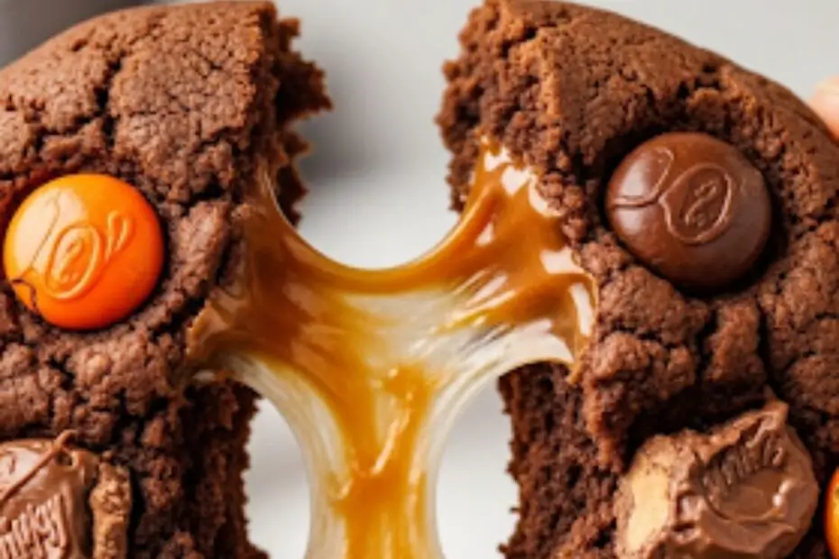 Text overlay "The Ultimate Milky Way Cookie" over a dramatic shot of a chocolate cookie being pulled apart to reveal a long, stretchy river of gooey caramel.