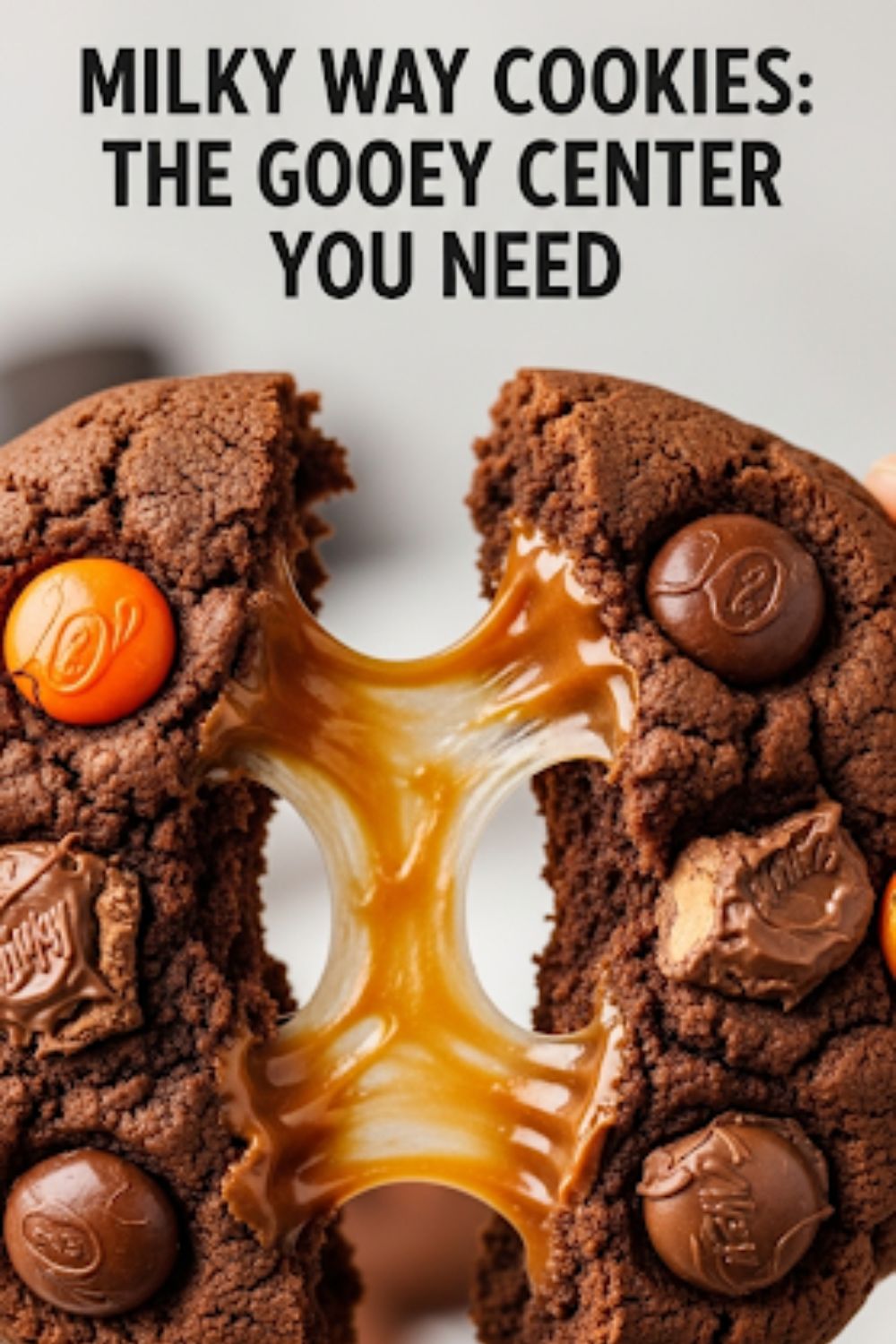 Text overlay "The Ultimate Milky Way Cookie" over a dramatic shot of a chocolate cookie being pulled apart to reveal a long, stretchy river of gooey caramel.