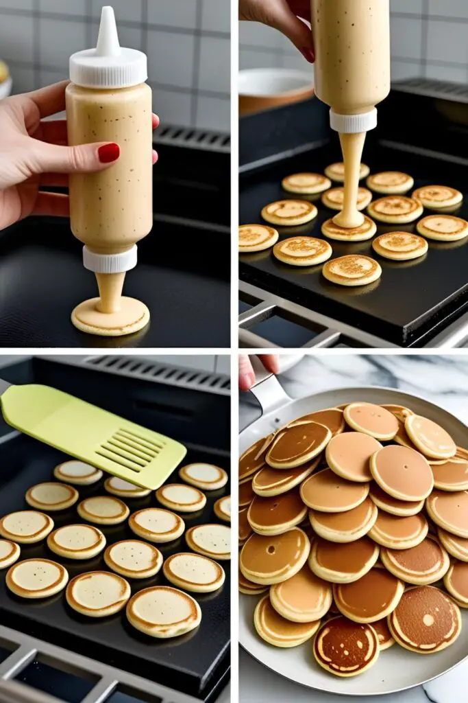 A four-part collage showing the process of making mini pancakes, from squeezing the batter onto a griddle to flipping them in a group.