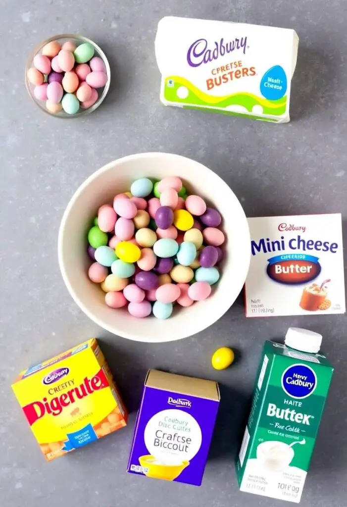 A colorful flat lay collage of ingredients for no-bake mini egg cheesecakes: a bowl of crushed Cadbury Mini Eggs, a block of cream cheese, a box of digestive biscuits, butter, and a carton of heavy cream.