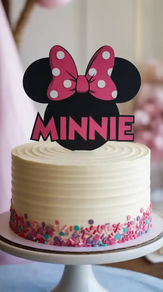 A full view of a birthday cake decorated with a large, homemade Minnie Mouse fondant cake topper and colorful sprinkles.