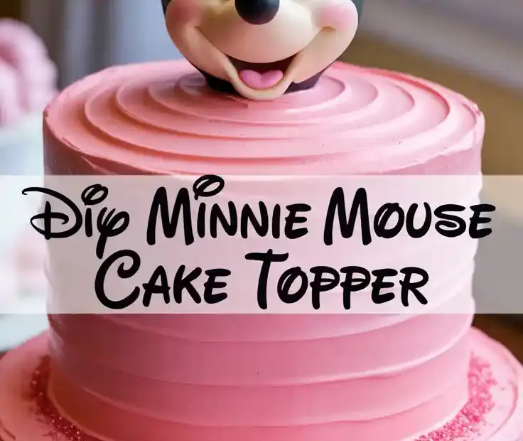 A beautiful homemade fondant Minnie Mouse cake topper with a pink polka dot bow, sitting on top of a birthday cake.