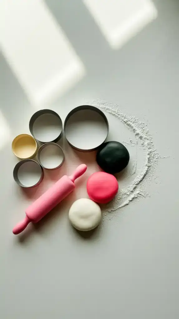 The tools and fondant needed to make a Minnie Mouse cake topper, including cookie cutters, a rolling pin, and colored fondant.