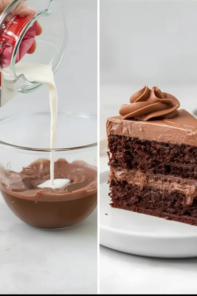 The simple steps of improving a boxed cake mix and a close-up of the delicious, moist results.