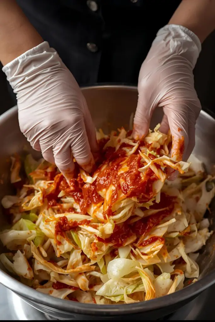 A close-up action shot of gloved hands massaging the bright red kimchi paste into wilted napa cabbage in a large bowl.