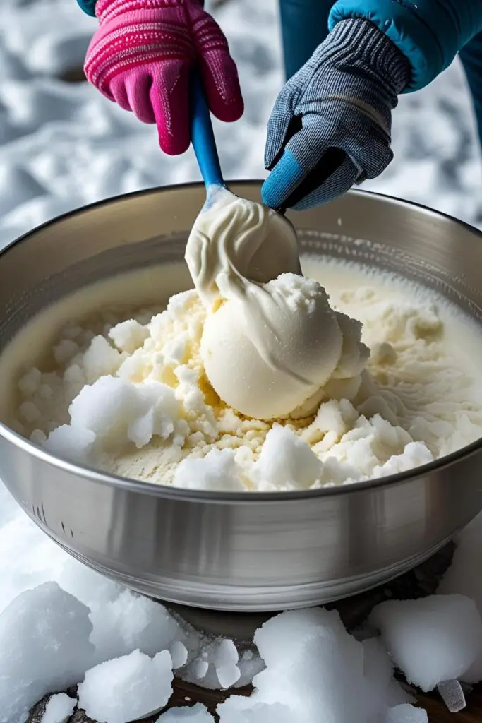 An action shot showing fresh snow being mixed with sweetened condensed milk in a large bowl to create snow cream.
