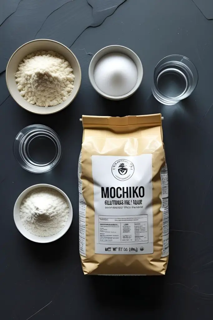  The essential ingredients for making mochi: a bag of Mochiko glutinous rice flour, sugar, water, and cornstarch.