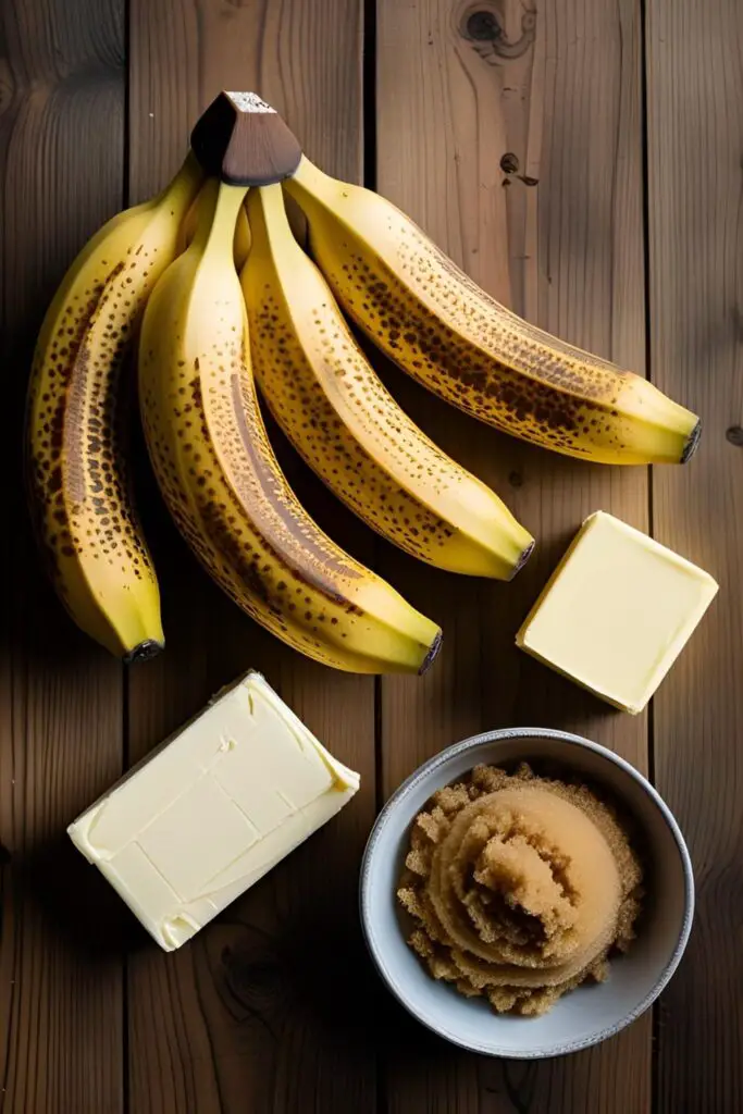 The key ingredients for a moist banana cake recipe, with a special focus on very ripe, brown-spotted bananas.
