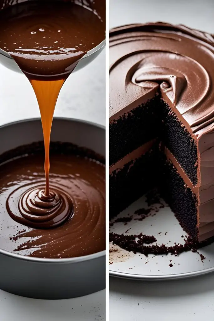 Two images showing how to make a one-bowl cake: one of pouring the thin batter, and a close-up of the finished moist cake crumb.