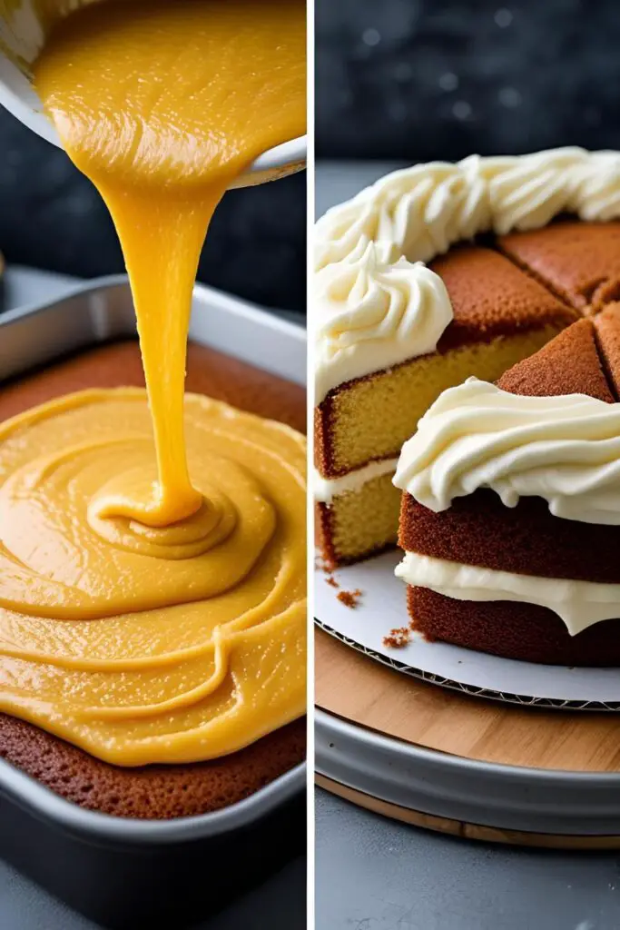 Two images showing how to make pumpkin spice cake: one of pouring the batter, and a close-up of a finished slice showing the moist crumb.