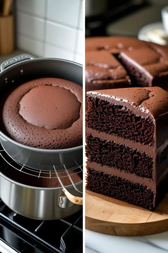 Two images showing the process of baking a cake without an oven: one of placing the cake in a pot, and a close-up of the finished moist crumb.